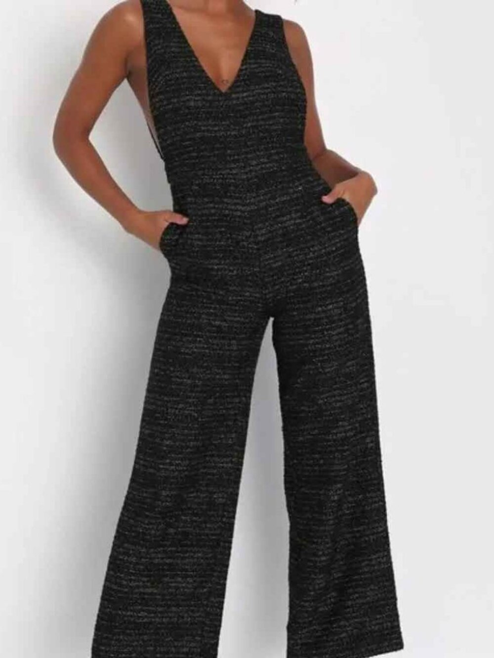 Lulus Officially Exceptional Black Tweed Lurex Wide-leg Jumpsuit - Size XS